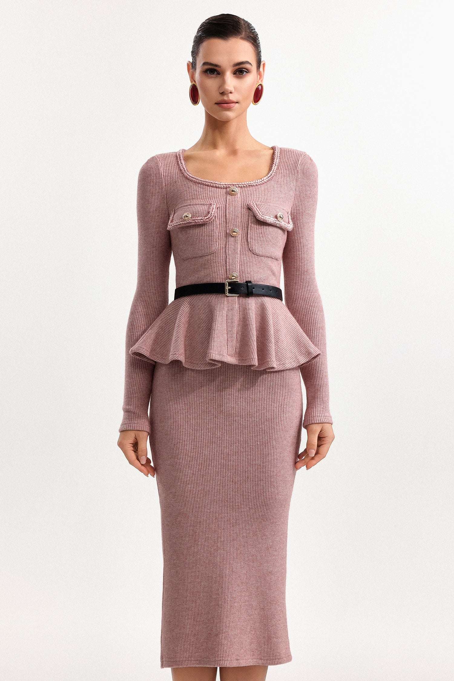 kitty U Neck Long Sleeve Falbala Knit Midi Dress in pink