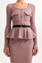 kitty U Neck Long Sleeve Falbala Knit Midi Dress in pink