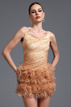 Veronic Romantic Embellished Sleeveless Ruffle Sequin Mini Dress