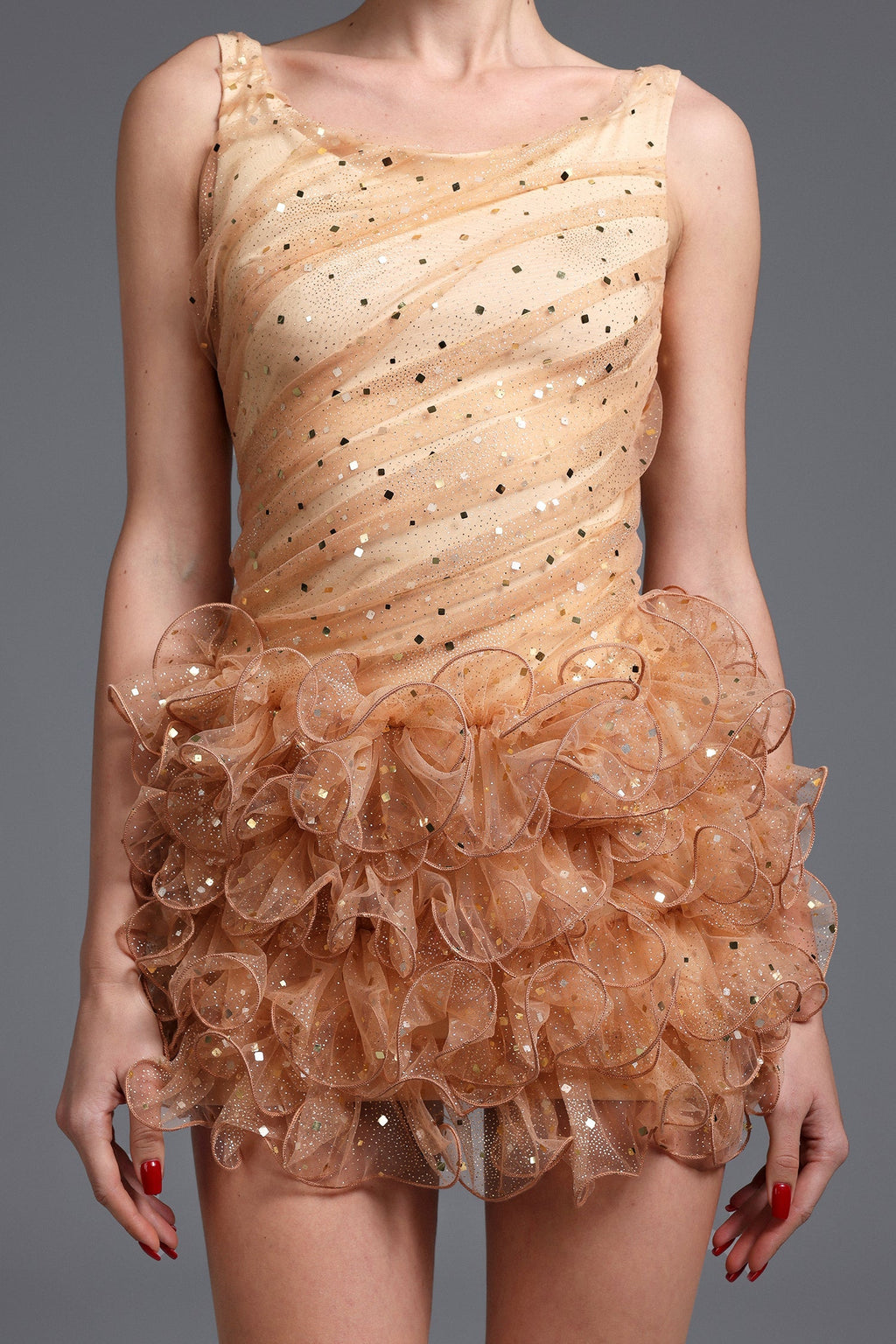 Veronic Romantic Embellished Sleeveless Ruffle Sequin Mini Dress