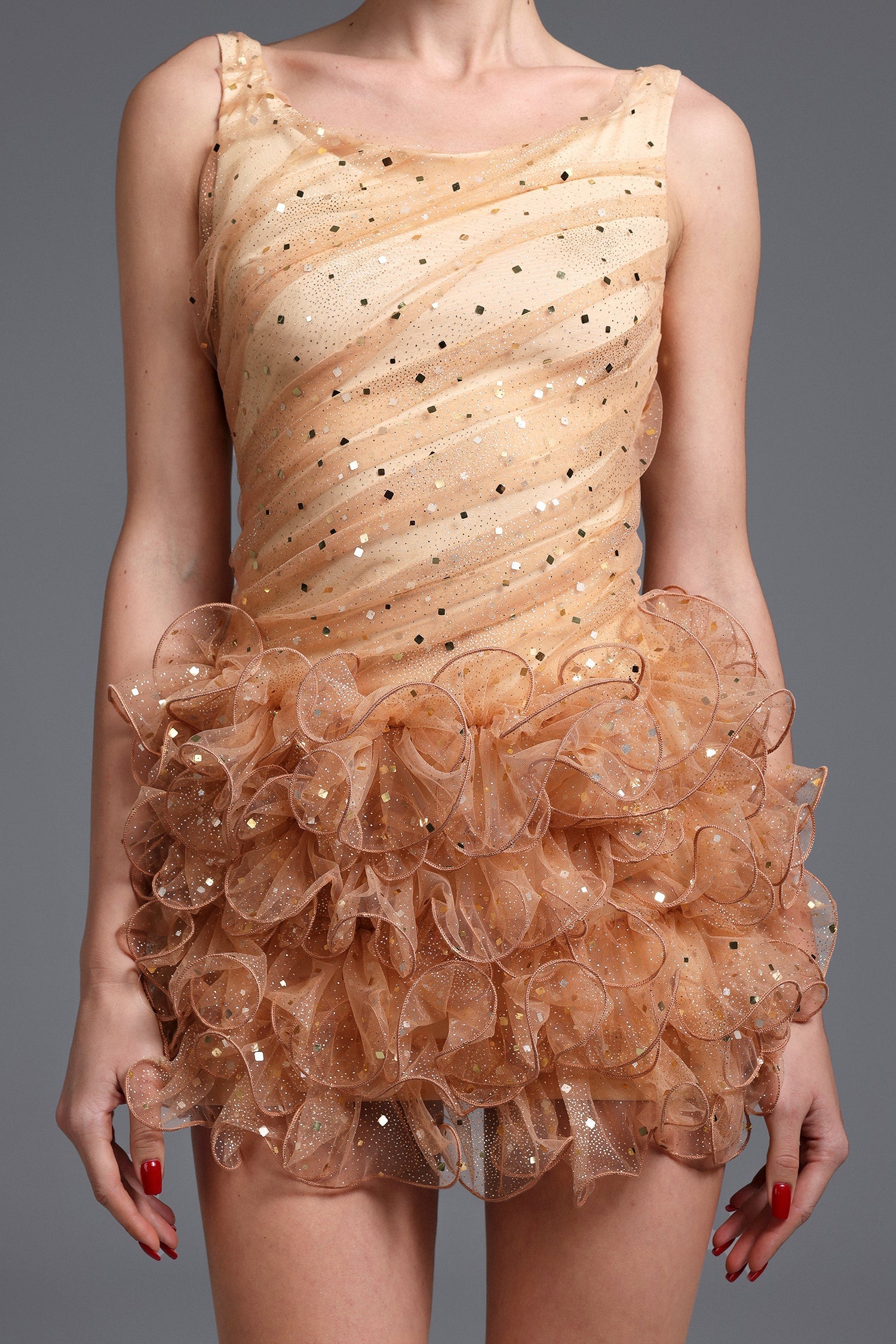 Veronic Romantic Embellished Sleeveless Ruffle Sequin Mini Dress
