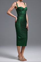Flowering Girl Women Adjustable Strap Glitter Corset Midi Pencil Dress