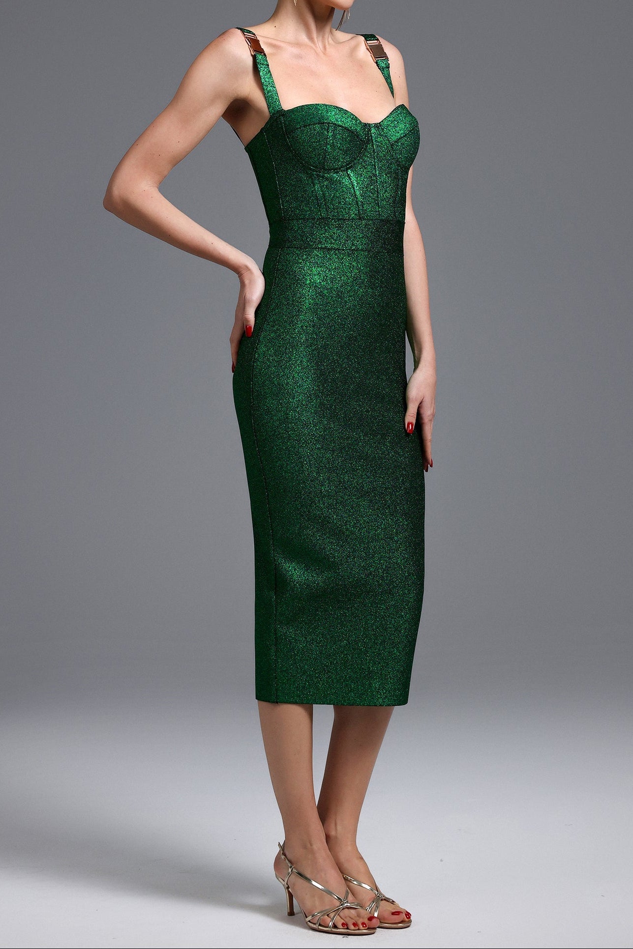Flowering Girl Women Adjustable Strap Glitter Corset Midi Pencil Dress