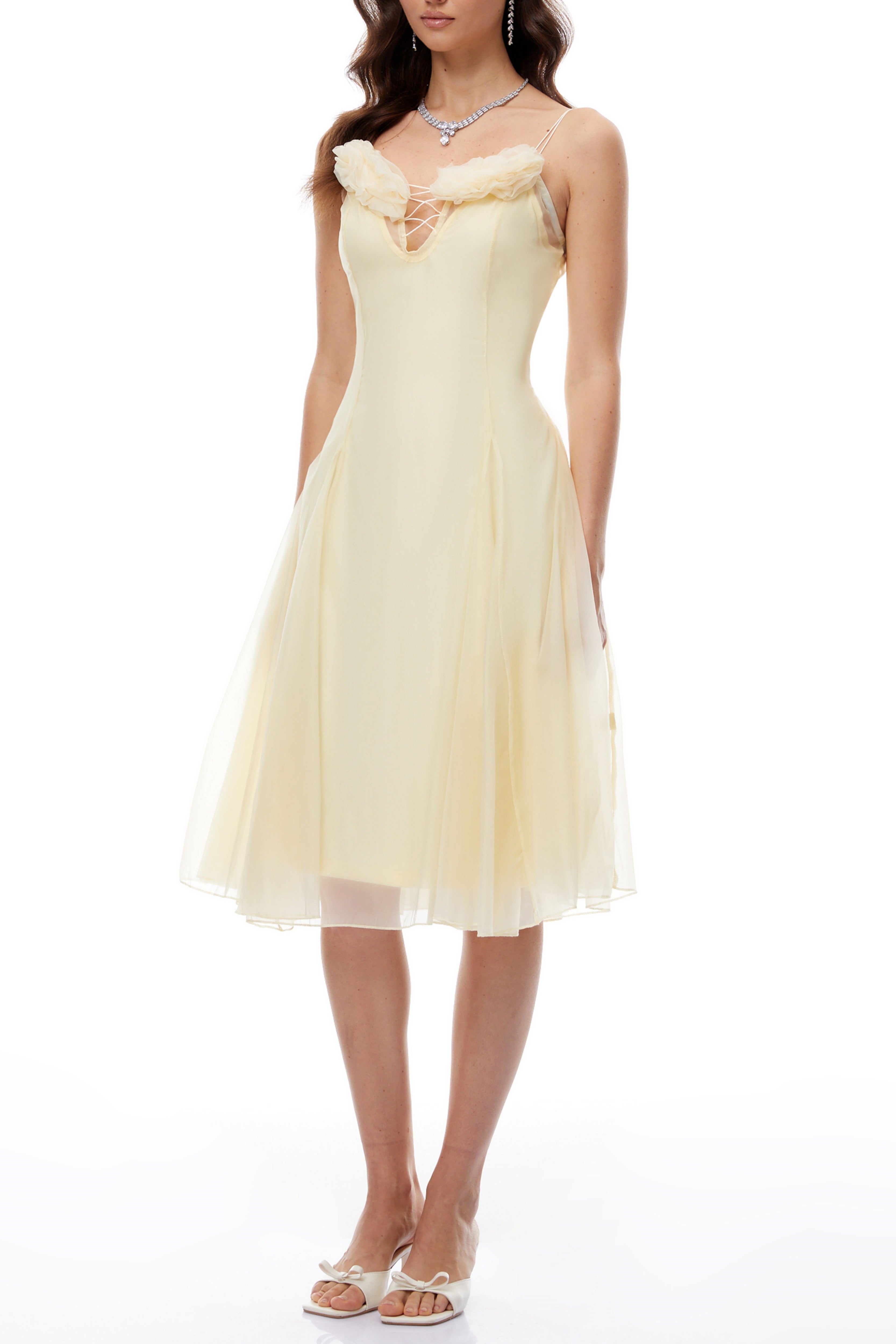 Kristin Yellow Floral Appliqué Tulle Midi Dress