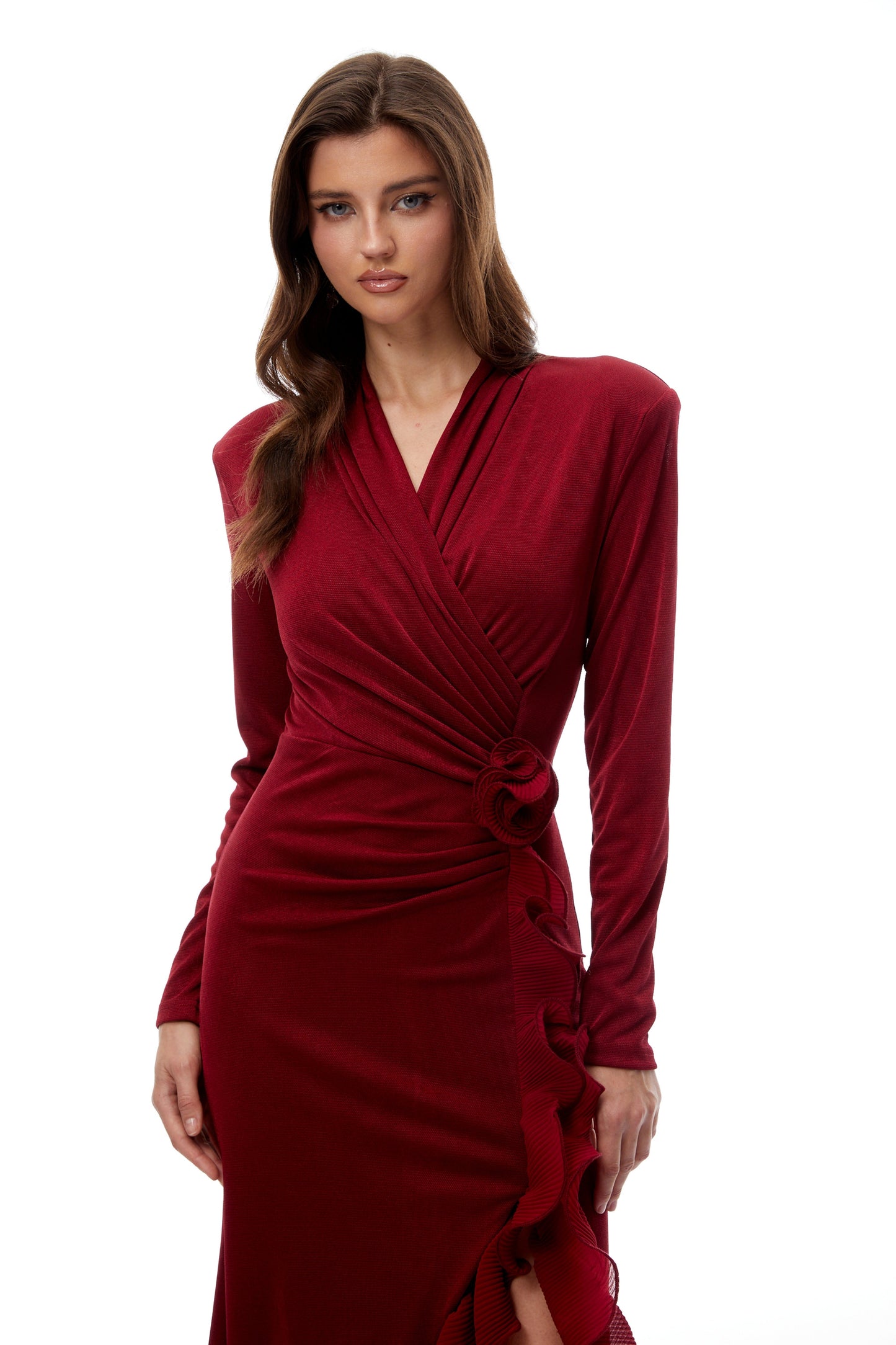 joyce Red Ruffled Gathered high slit Knit Midi Dress