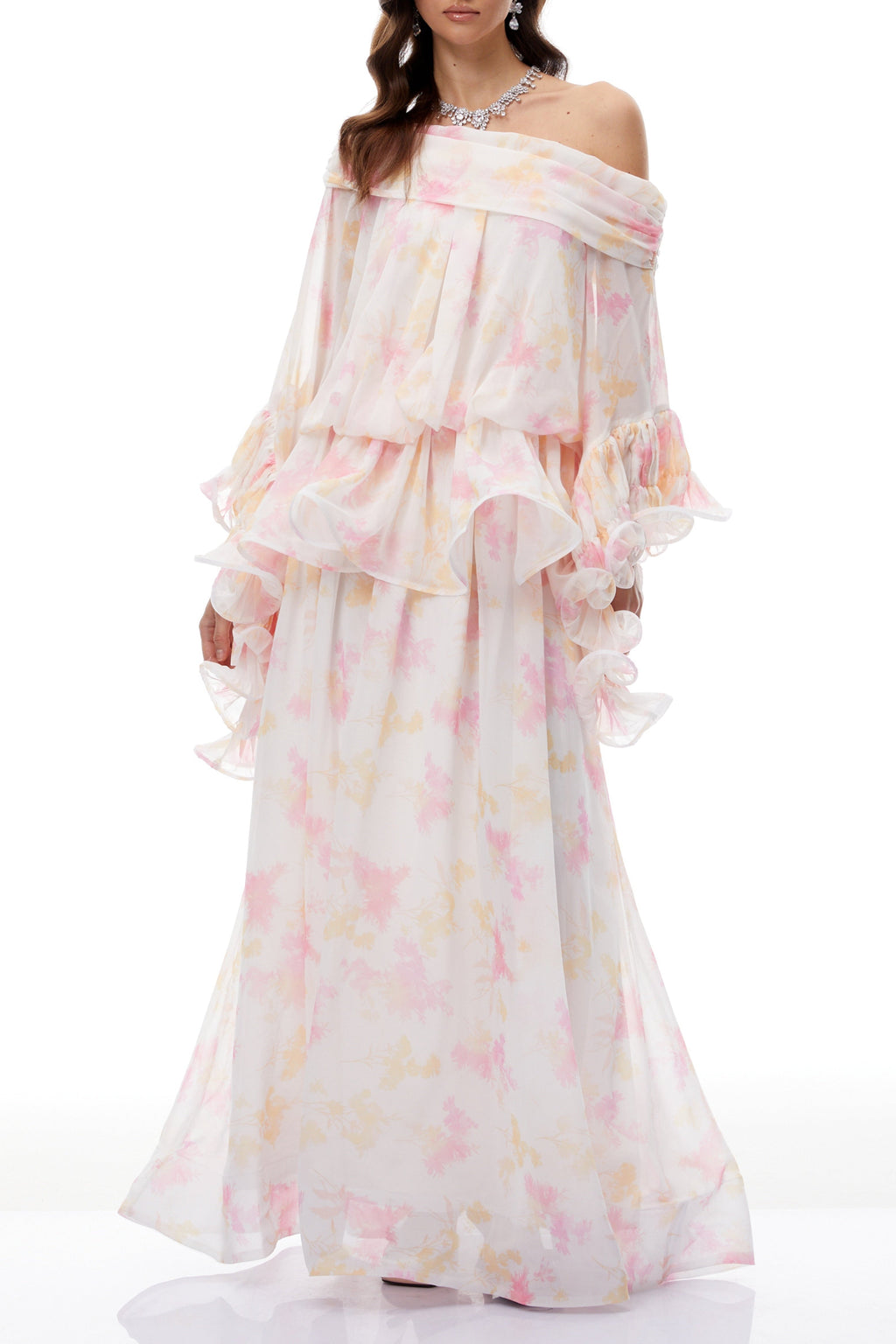 emily White Floral Print Ruffled chiffon Maxi Dress