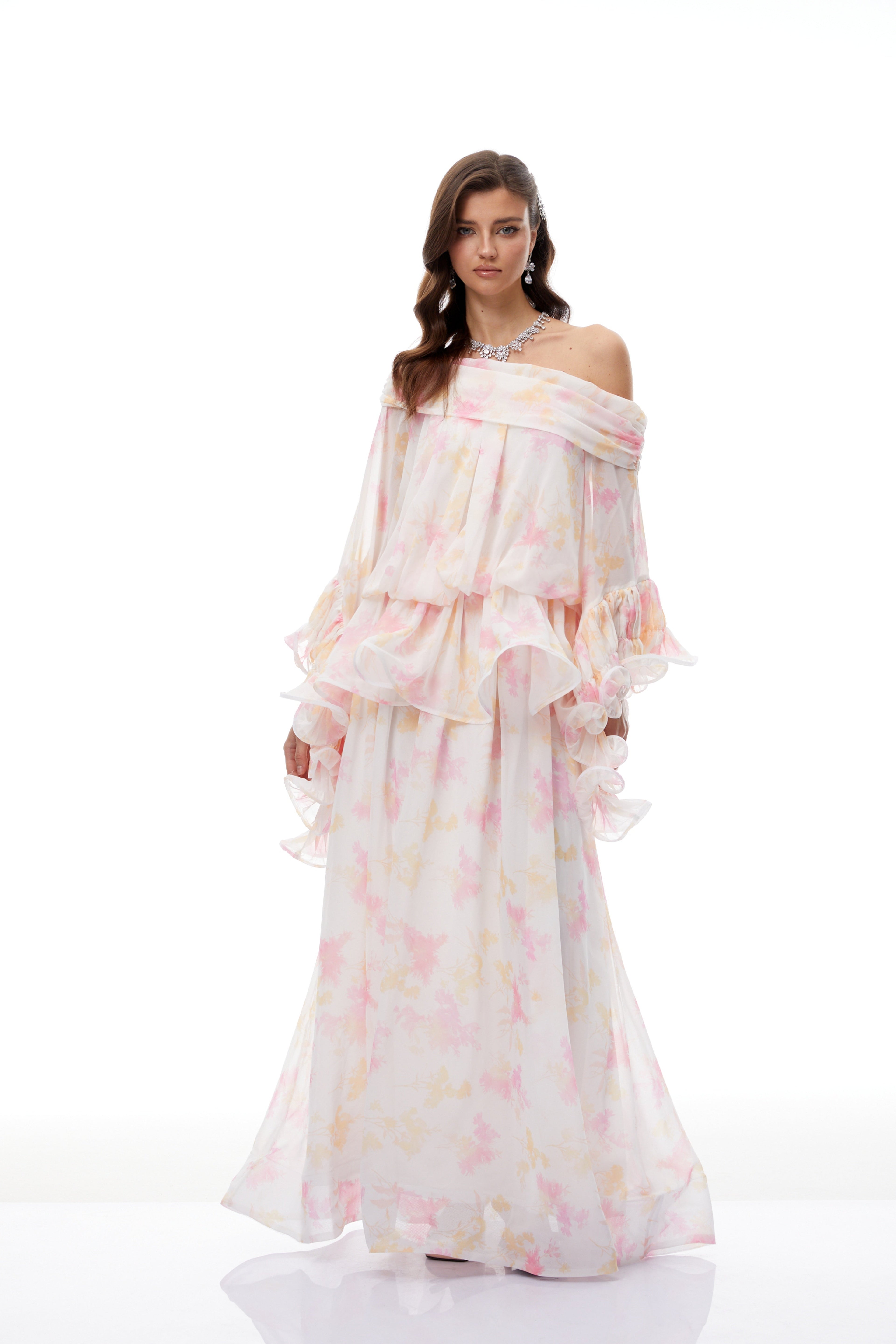 Emily White Floral Print Ruffled Chiffon Maxi Dress