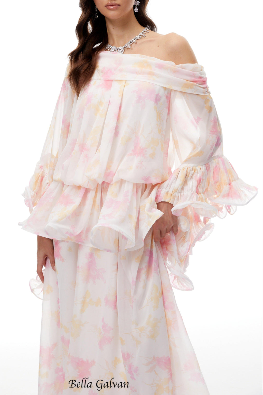 emily White Floral Print Ruffled chiffon Maxi Dress