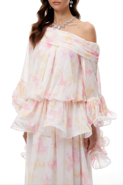 emily White Floral Print Ruffled chiffon Maxi Dress