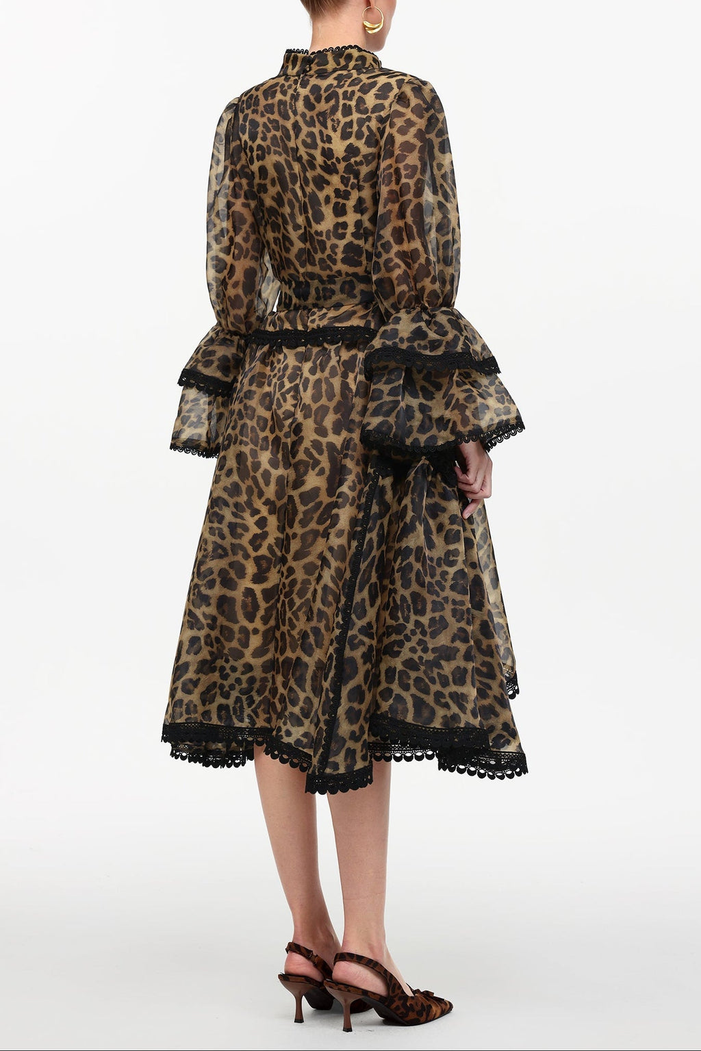 Uhren V-Neck Long Sleeve Falbala Lace Woven Leopard Print Mini Dress