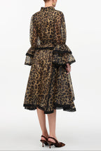 Uhren V-Neck Long Sleeve Falbala Lace Woven Leopard Print Mini Dress