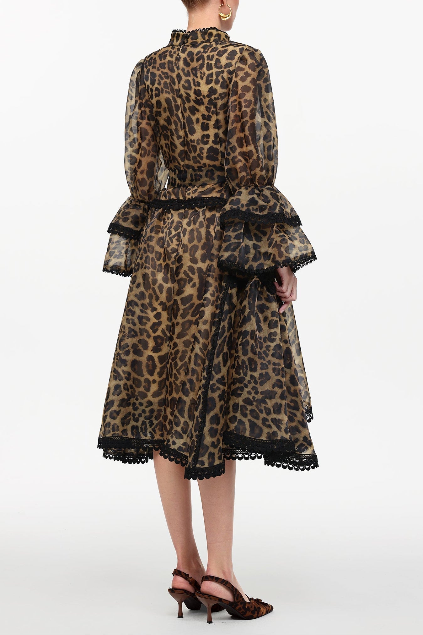 Uhren V-Neck Long Sleeve Falbala Lace Woven Leopard Print Mini Dress