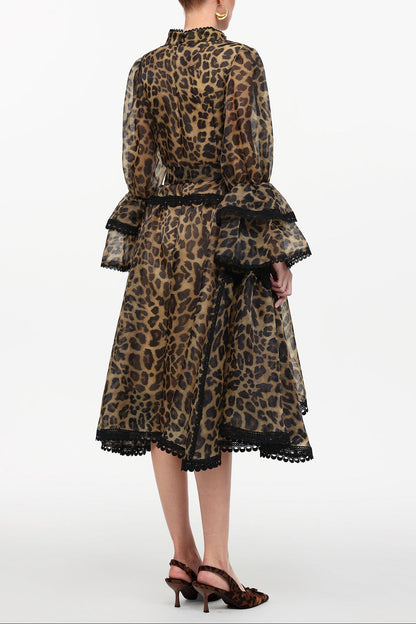 Uhren V-Neck Long Sleeve Falbala Lace Woven Leopard Print Mini Dress