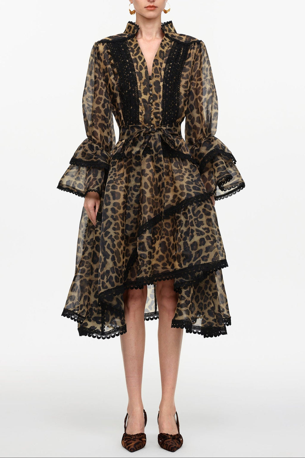 Uhren V-Neck Long Sleeve Falbala Lace Woven Leopard Print Mini Dress