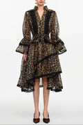 Uhren V-Neck Long Sleeve Falbala Lace Woven Leopard Print Mini Dress