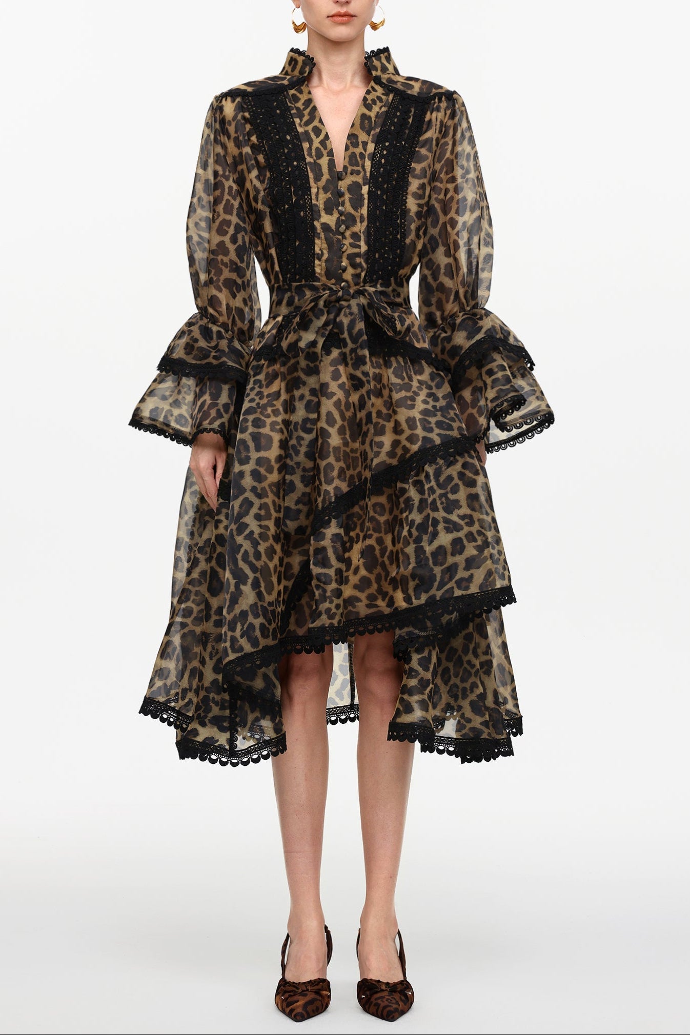Uhren V-Neck Long Sleeve Falbala Lace Woven Leopard Print Mini Dress