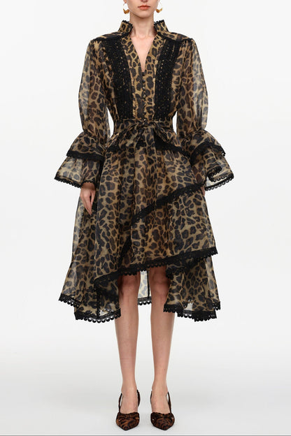 Uhren V-Neck Long Sleeve Falbala Lace Woven Leopard Print Mini Dress