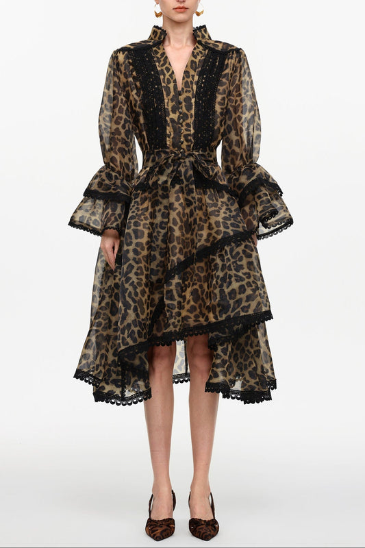 Uhren V-Neck Long Sleeve Falbala Lace Woven Leopard Print Mini Dress