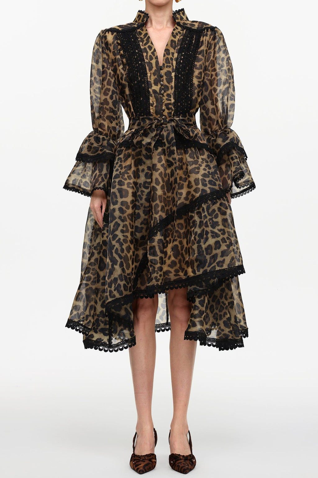 Uhren Resort Flowy V-Neck Long Sleeve Falbala Lace Woven Leopard Print Mini Dress