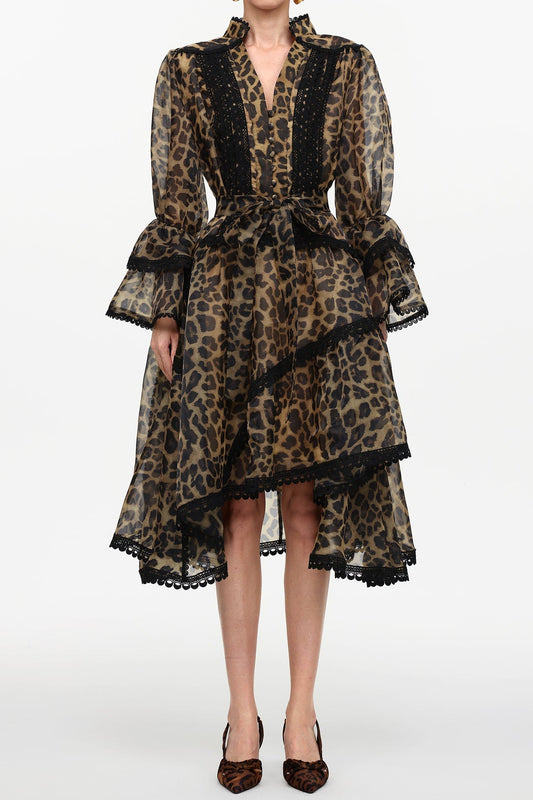Uhren Resort Flowy V-Neck Long Sleeve Falbala Lace Woven Leopard Print Mini Dress