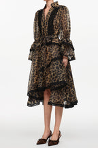 Uhren Resort Flowy V-Neck Long Sleeve Falbala Lace Woven Leopard Print Mini Dress