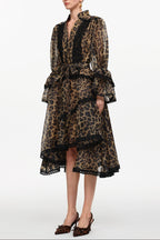 Uhren V-Neck Long Sleeve Falbala Lace Woven Leopard Print Mini Dress