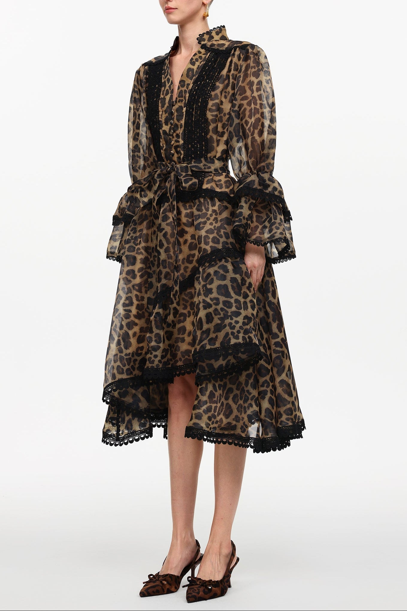 Uhren V-Neck Long Sleeve Falbala Lace Woven Leopard Print Mini Dress