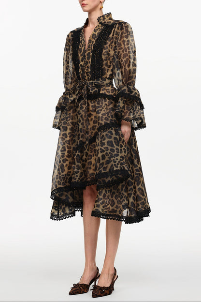 Uhren V-Neck Long Sleeve Falbala Lace Woven Leopard Print Mini Dress