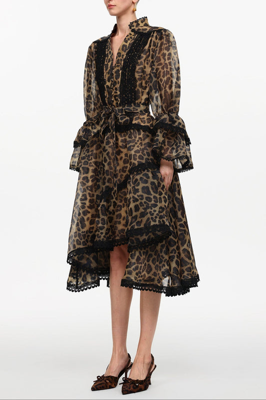 Uhren V-Neck Long Sleeve Falbala Lace Woven Leopard Print Mini Dress