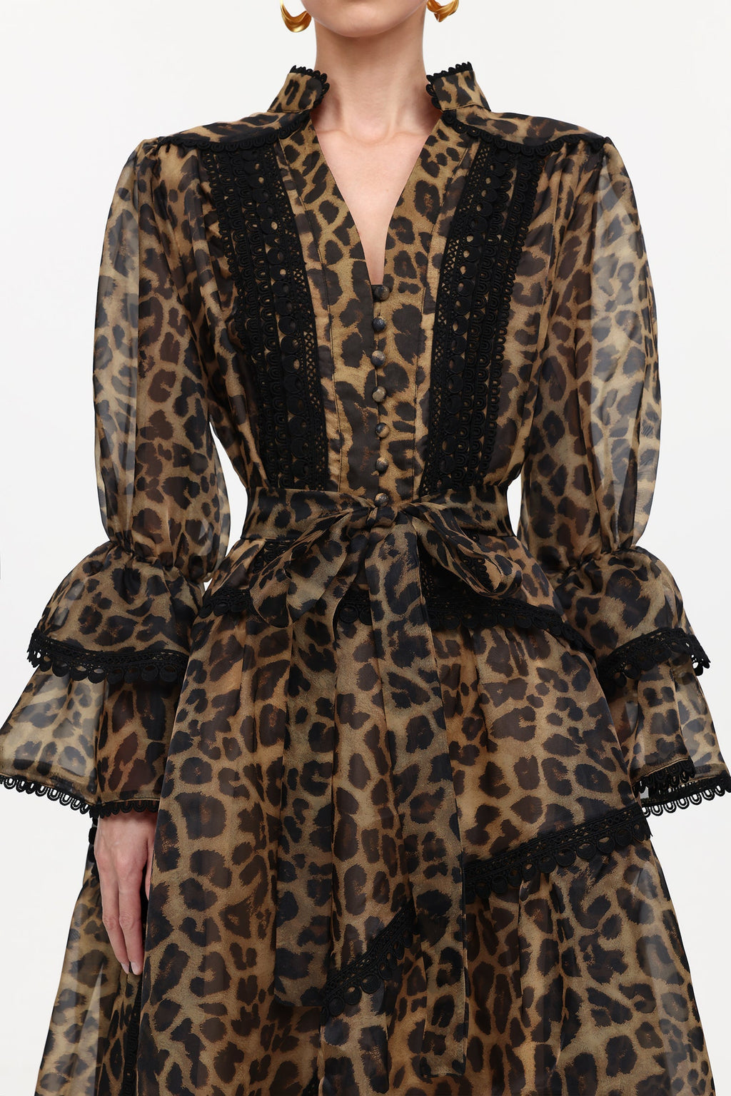 Uhren V-Neck Long Sleeve Falbala Lace Woven Leopard Print Mini Dress