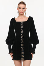 tina Cinched Waist Square Neck Long Sleeve Velvet Mini Dress in black
