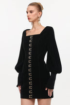 tina Cinched Waist Square Neck Long Sleeve Velvet Mini Dress in black