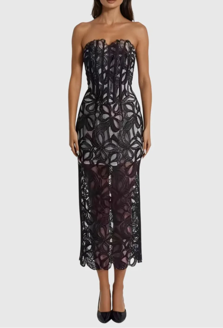 Flowering Girl Women Letitia Strapless Flower Embroidered Midi Dress