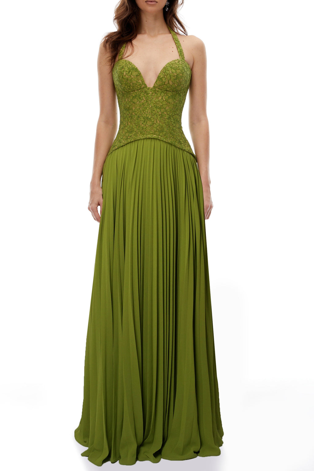 Penny Emerald Lace Fishbone Pleated Corset Gown