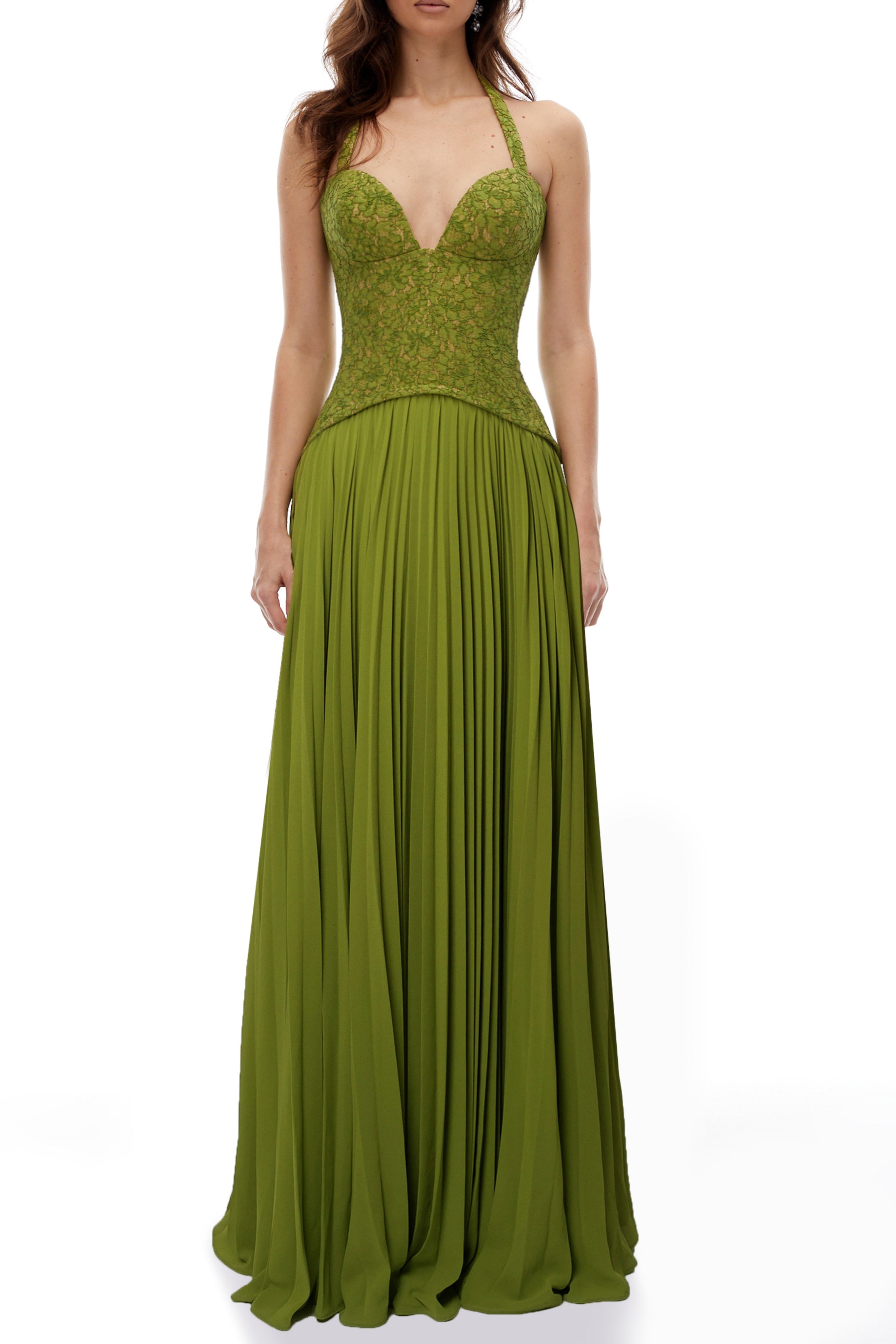 Penny Emerald Lace Fishbone Pleated Corset Gown