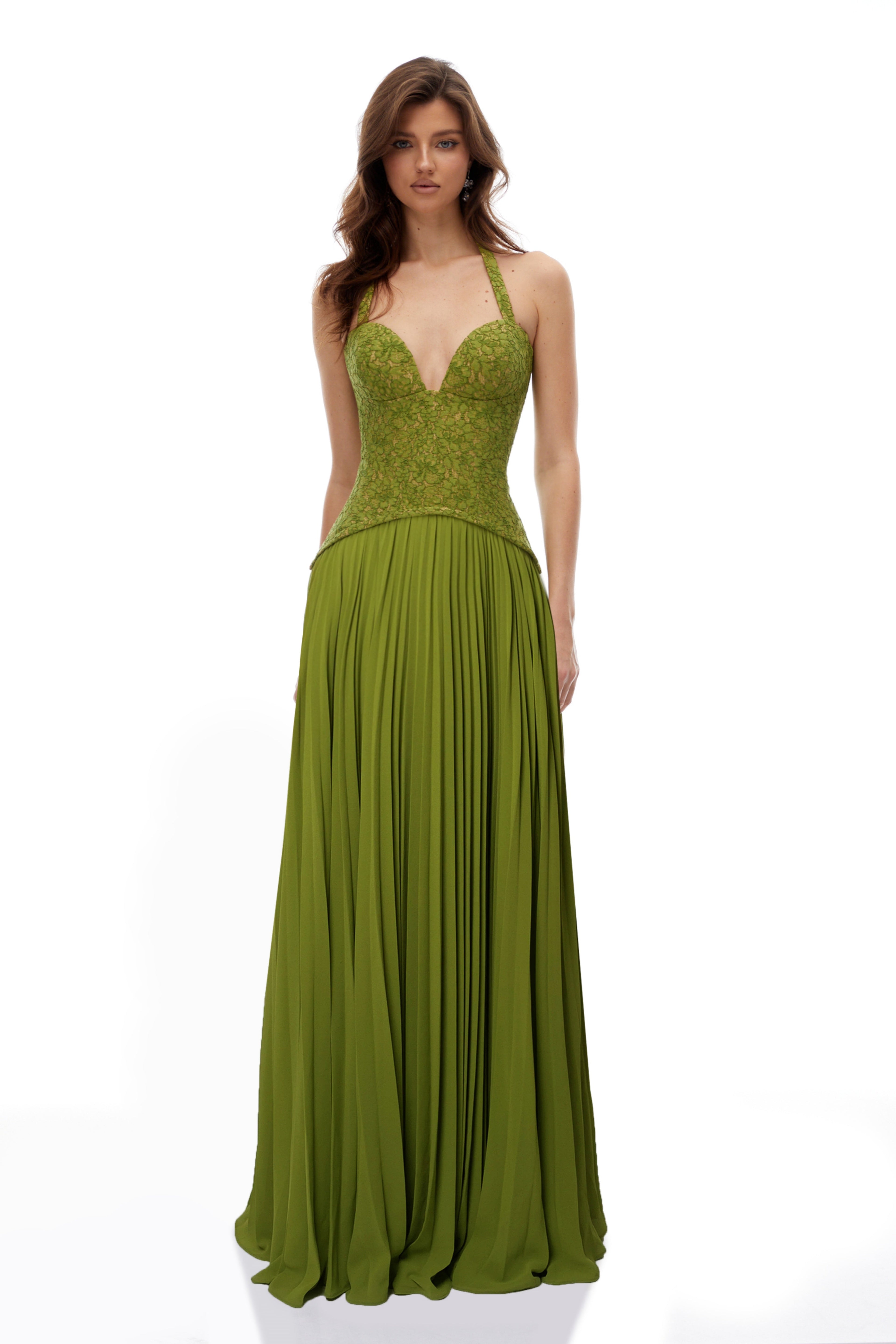 Penny Emerald Lace Fishbone Pleated Corset Gown