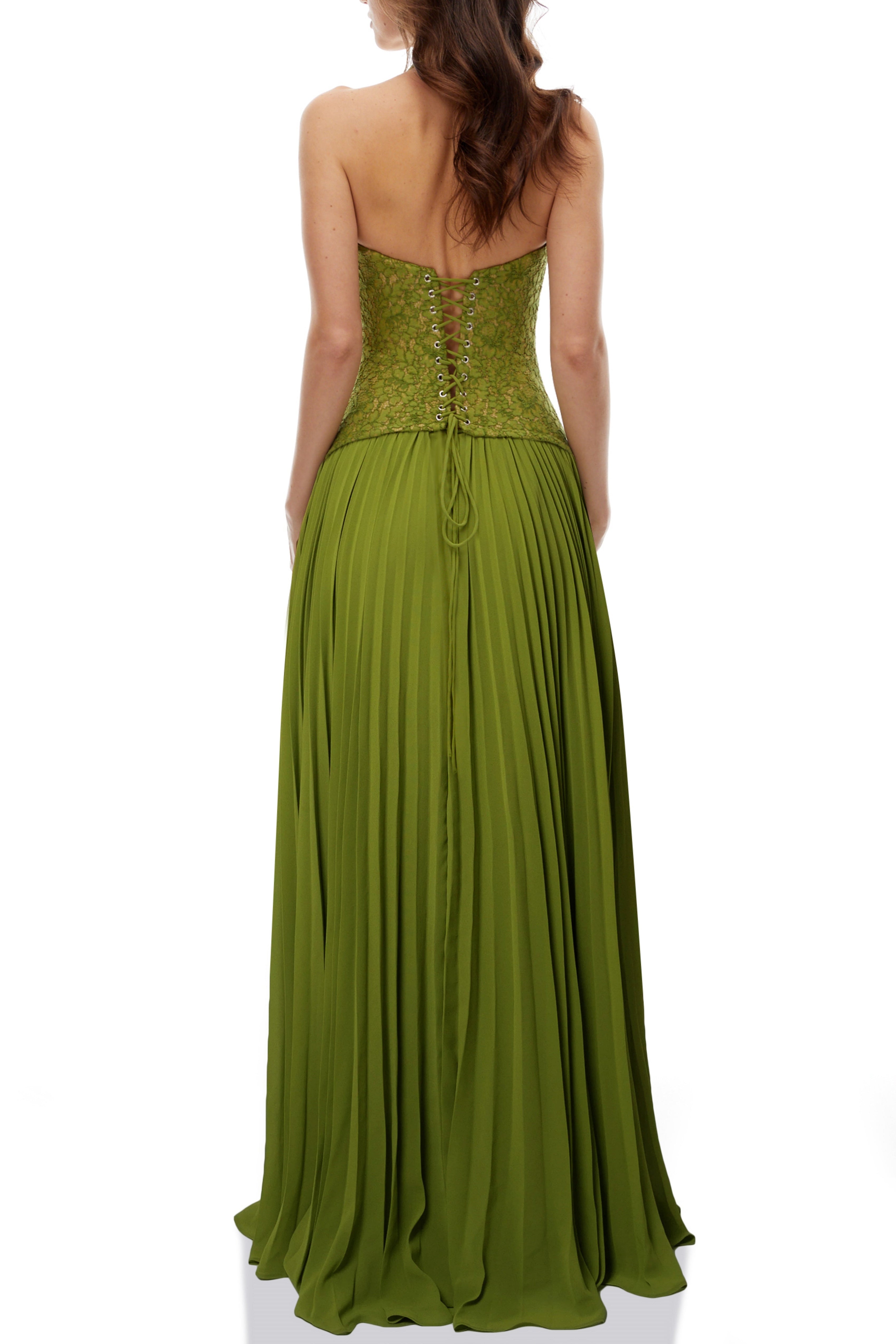 Penny Emerald Lace Fishbone Pleated Corset Gown