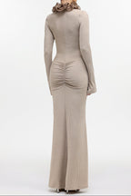 rachel Contour Long Sleeve Ruffle Knit Maxi Dress in pale brown