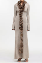 rachel Contour Long Sleeve Ruffle Knit Maxi Dress in pale brown