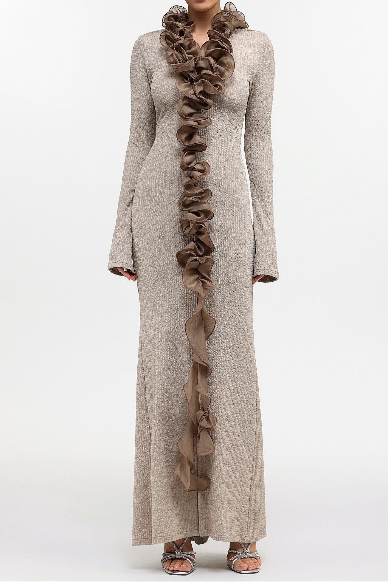Flowering Girl Women Rachel Contour Long Sleeve Ruffle Knit Maxi Dress In Pale Brown