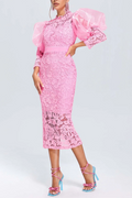 Flowering Girl Women Pink Puff Sleeve Lace Midi Dress