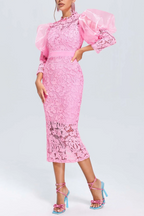 Flowering Girl Women Pink Puff Sleeve Lace Midi Dress