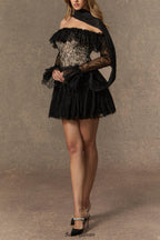 delia Black Off Shoulder Lace Corset Mini Dress