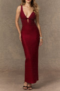 olivia Burgundy Beaded Plunging V‑Neck Maxi Dress
