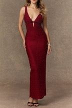 olivia Burgundy Beaded Plunging V‑Neck Maxi Dress