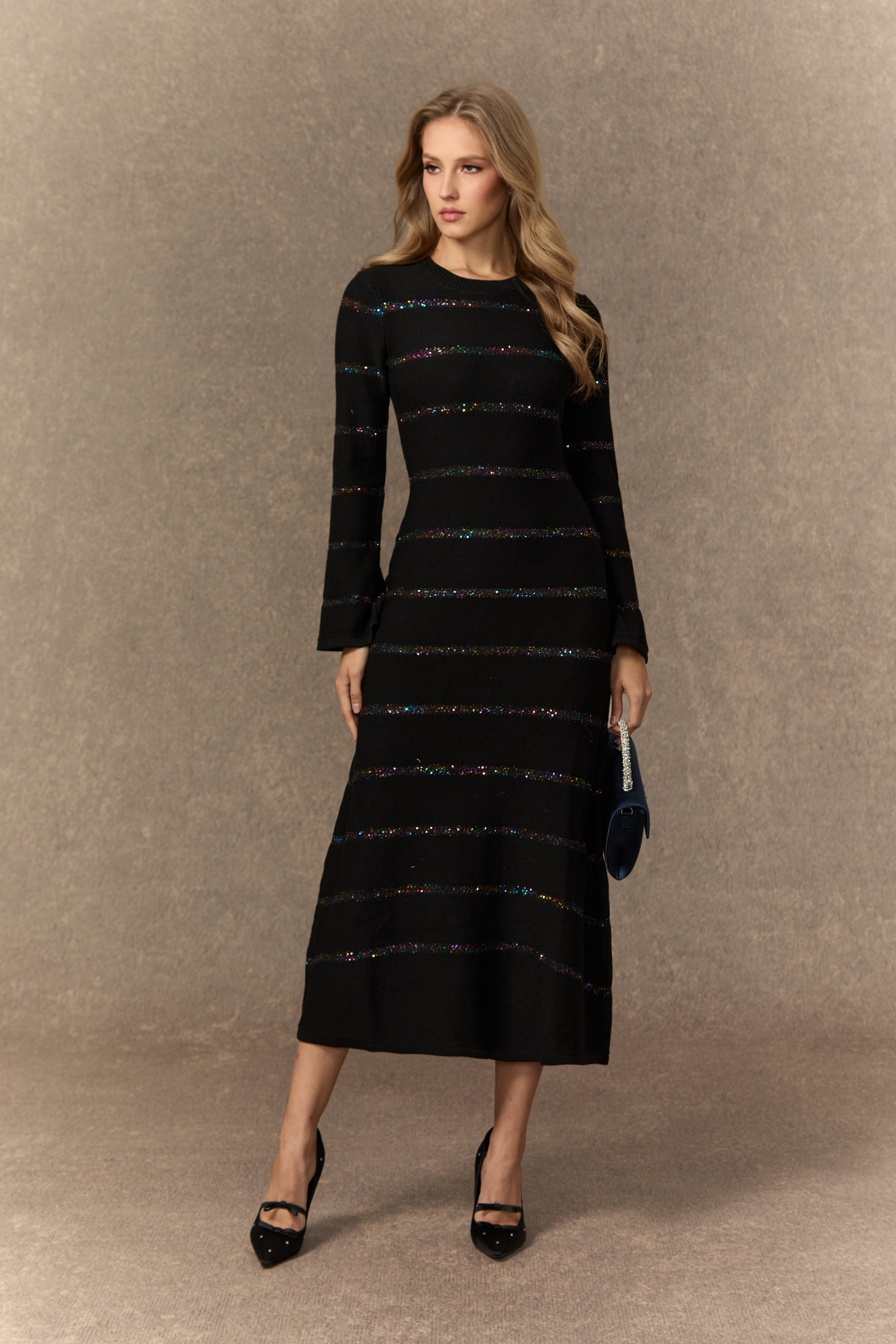 gloria Black Sequin Embellished Knit Midi Dress