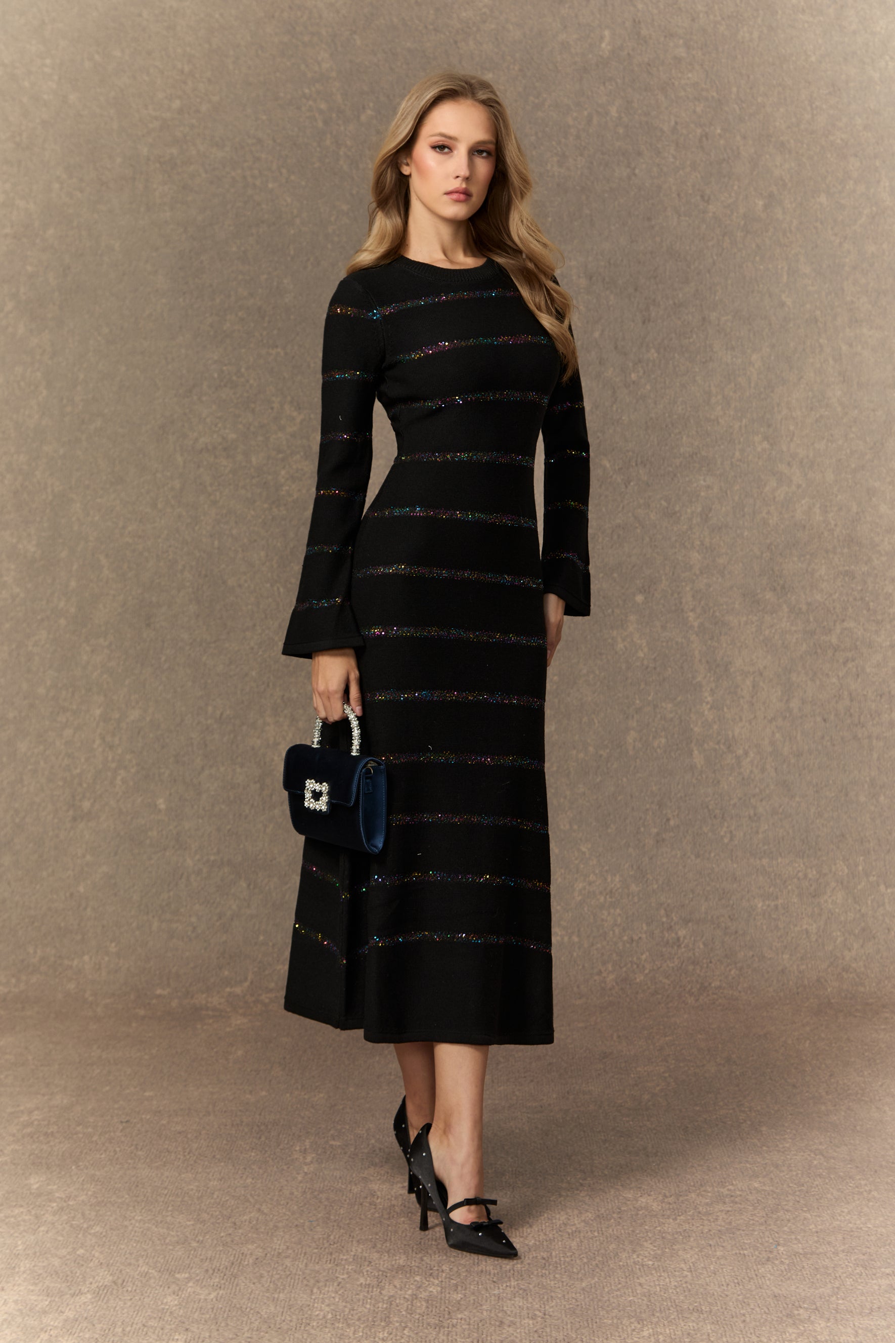 gloria Black Sequin Embellished Knit Midi Dress