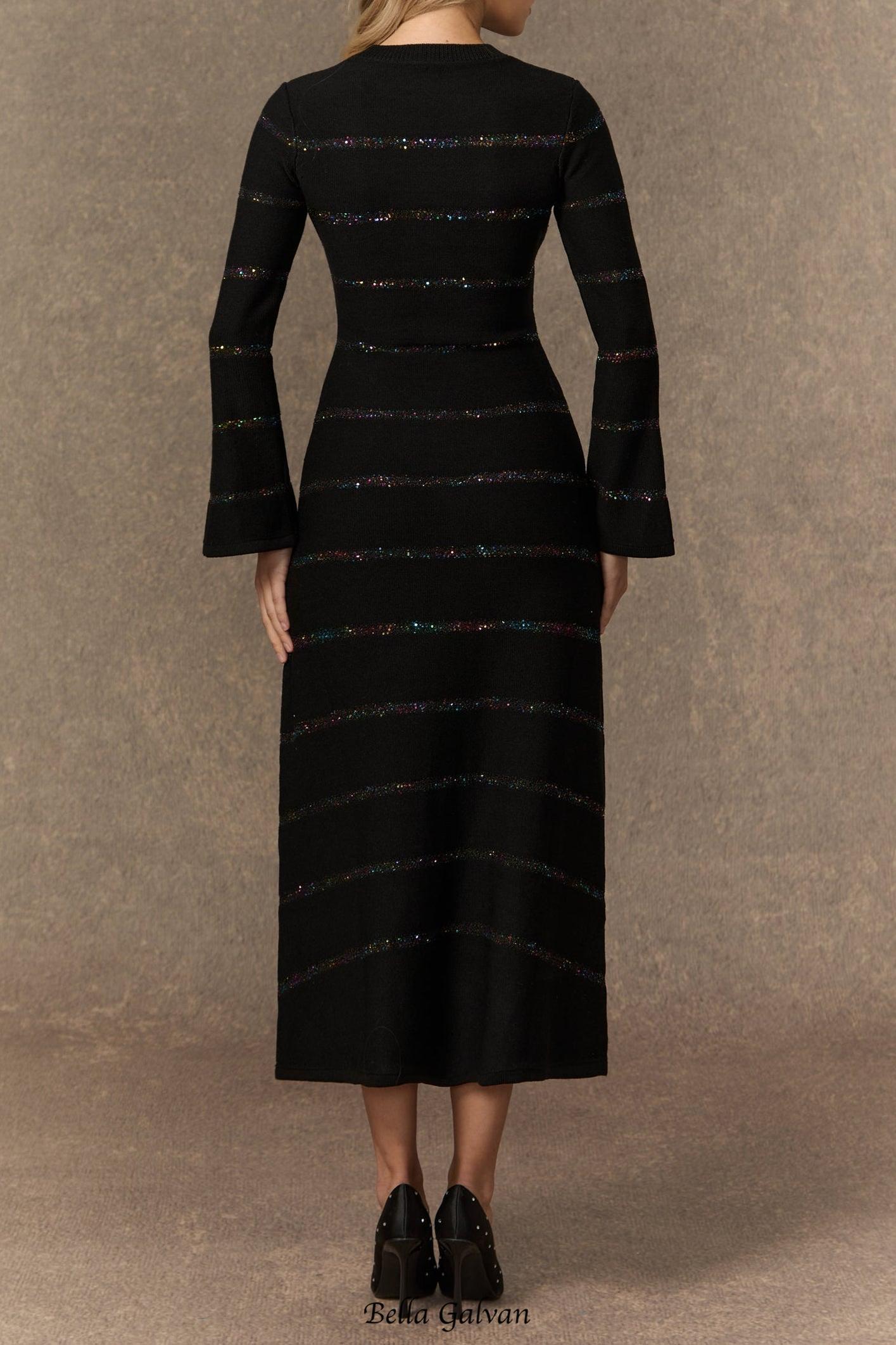 gloria Black Sequin Embellished Knit Midi Dress
