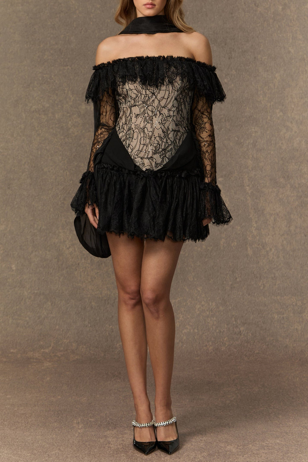 delia Black Off Shoulder Lace Corset Mini Dress