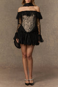 delia Black Off Shoulder Lace Corset Mini Dress